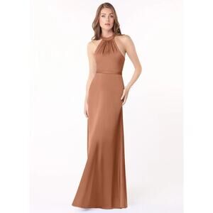 Azazie Delmar Satin Halter Bridesmaid Dress Bronzer A16 NWT Formal Quiet Luxury